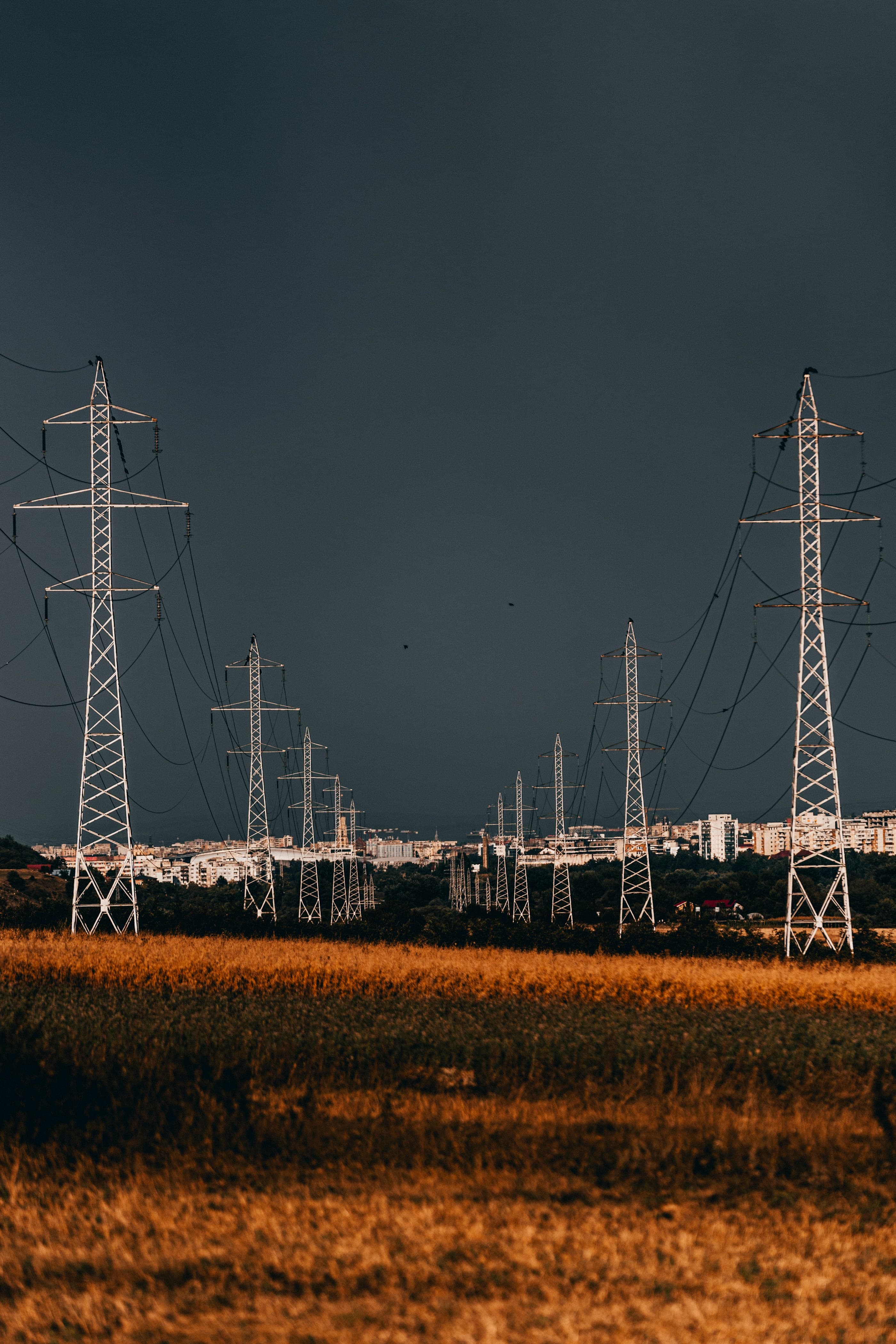 Transmission towers carrying conductors away under a flat overcast sky.